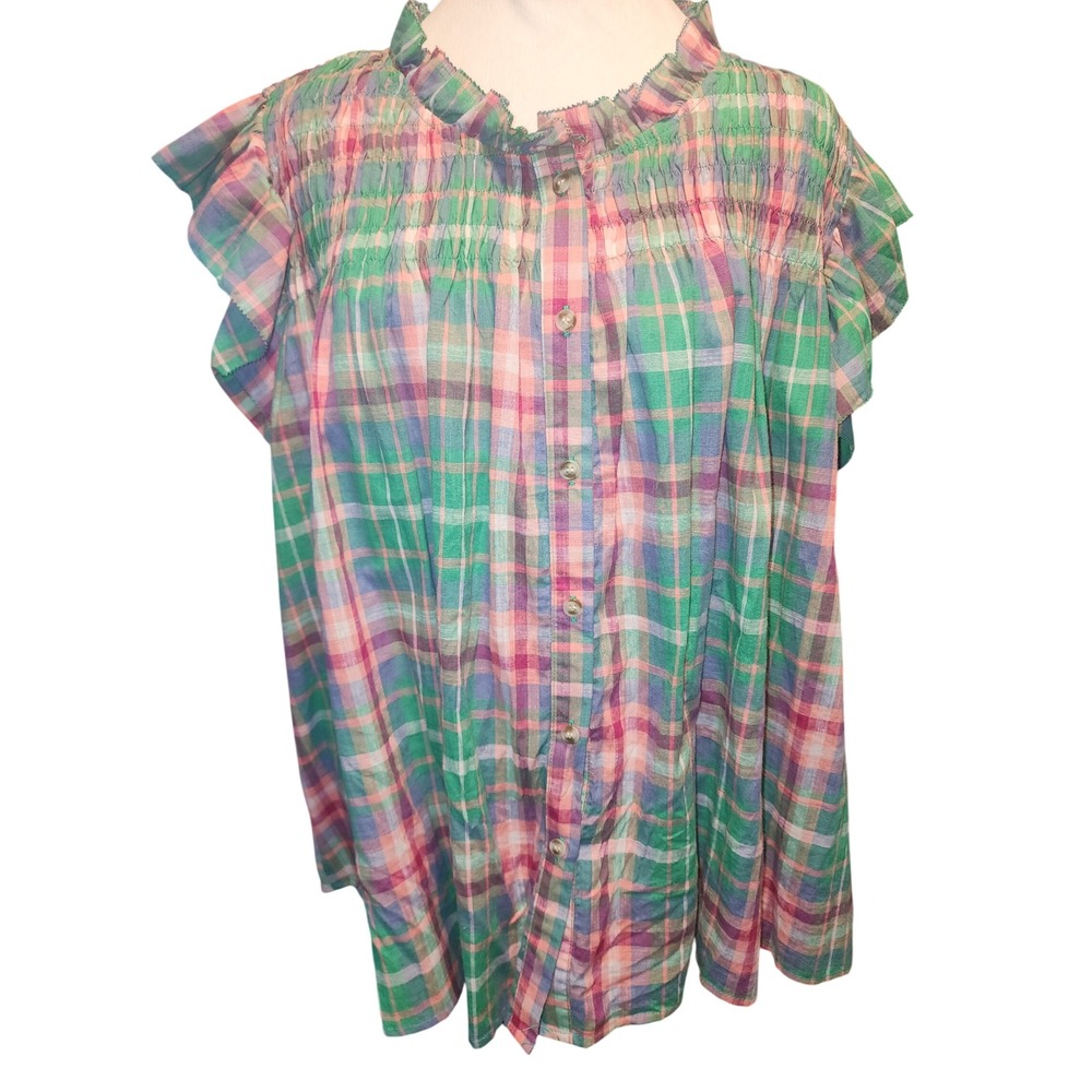 BiBi Womens Green Pink Plaid Smocked Ruffle Cap Sleeve Button Front Top Size M